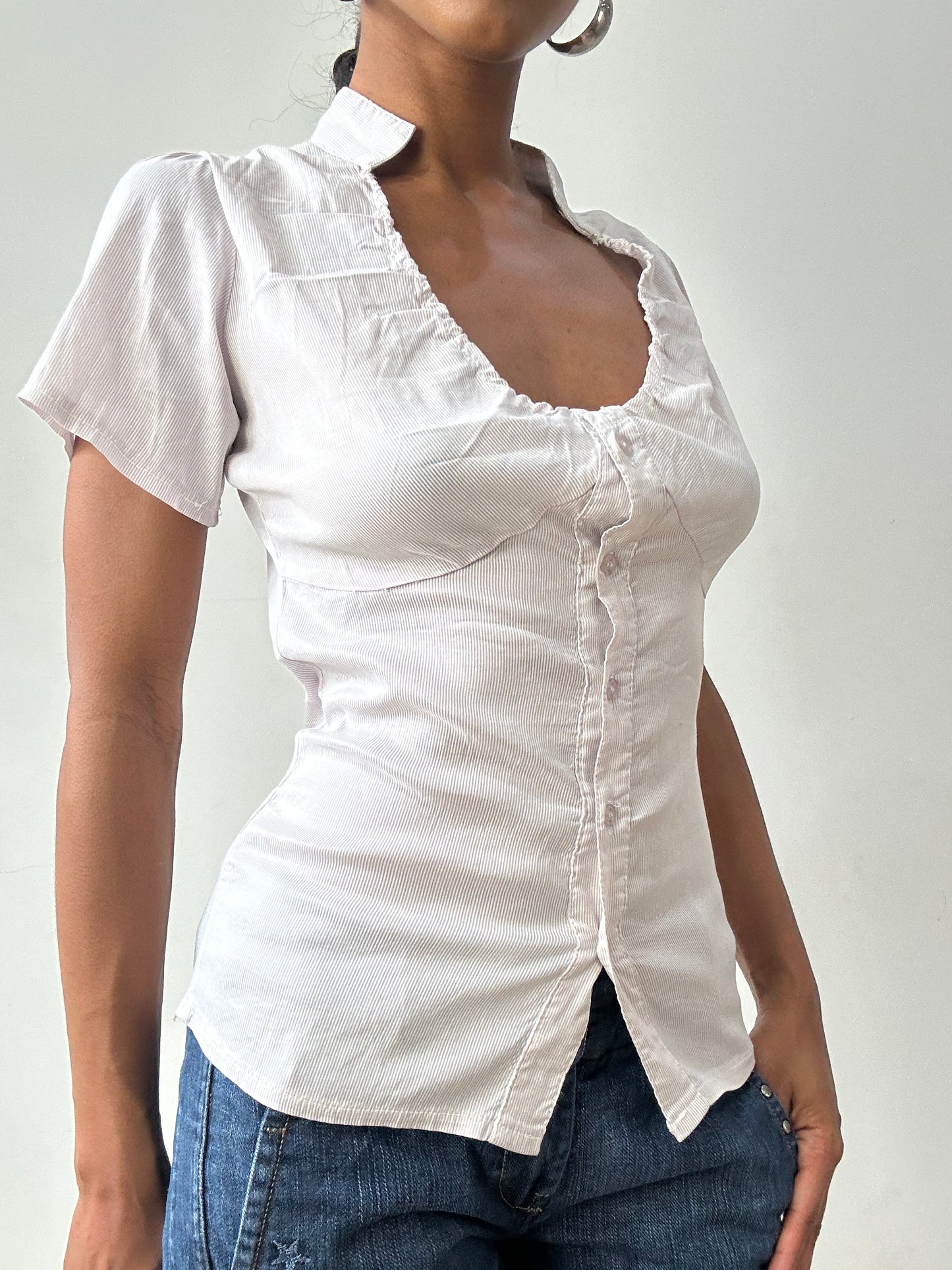 midsummer edit | small white short sleeve pinstripe blouse