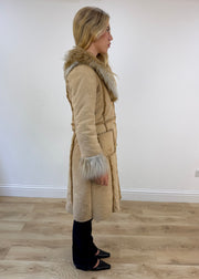 medium cream suede afghan coat with faux fur trim