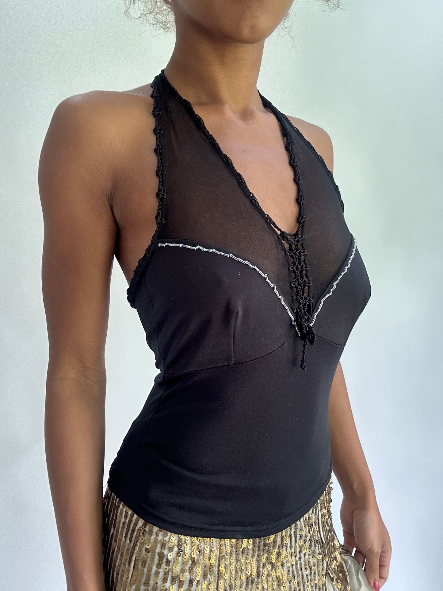 olivia rodrigo drop | small black halterneck mesh panel top