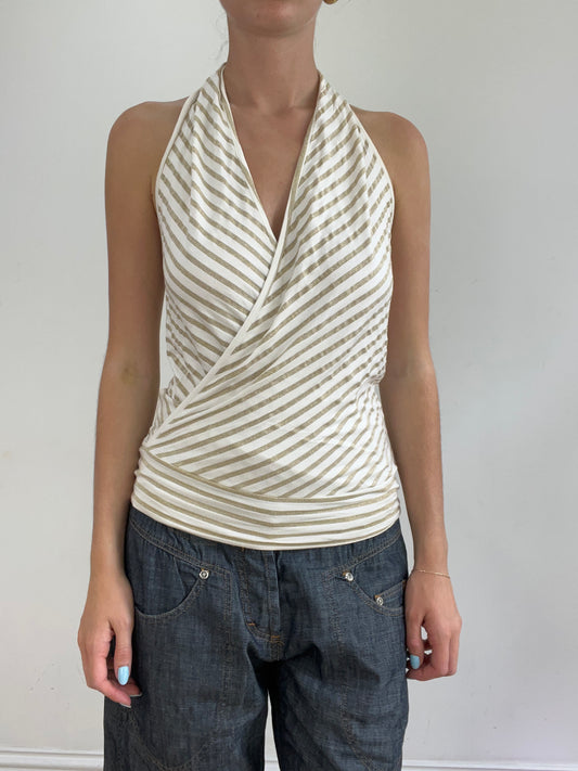 vintage edit twenty eight | small white halterneck top with gold stripes