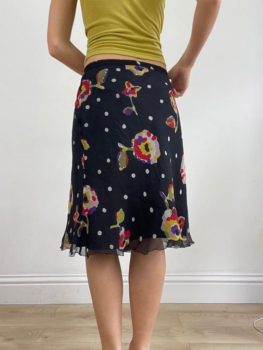 vintage edit twenty-four | medium black midi skirt with floral and polka dot print