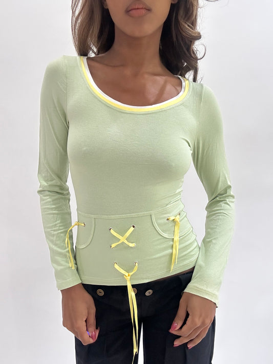 ‼️ | small green long sleeve ribbon detail top
