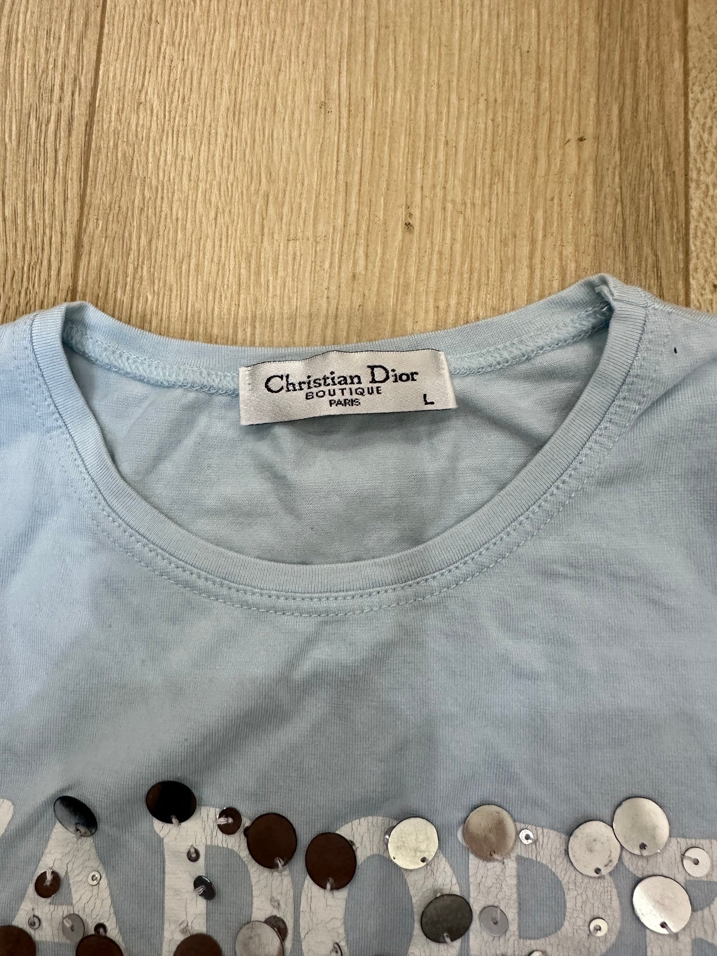 vintage edit: tops | small blue dior logo t-shirt with dripping effect sequins