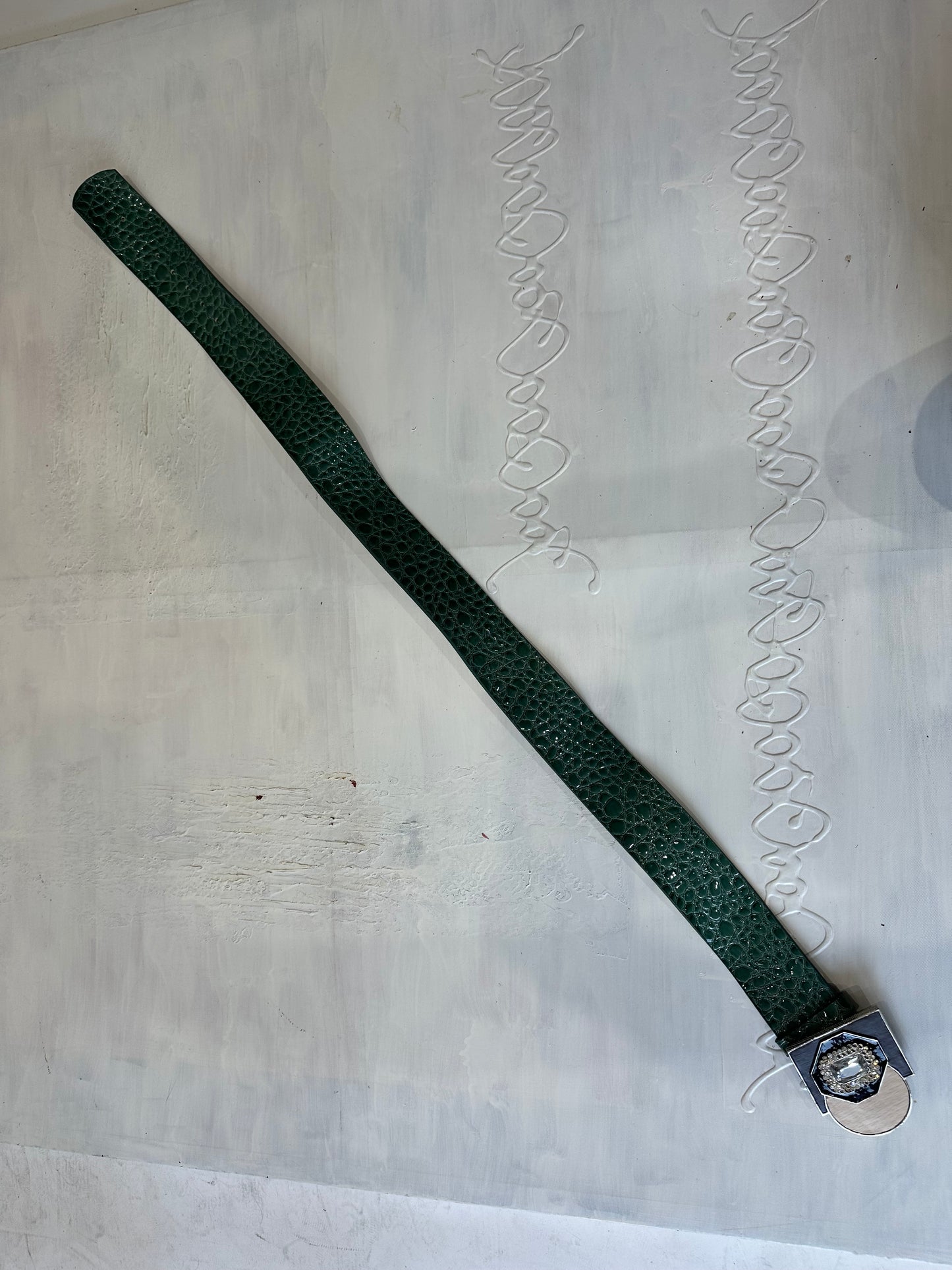 LFW edit | green faux leather belt with statement buckle