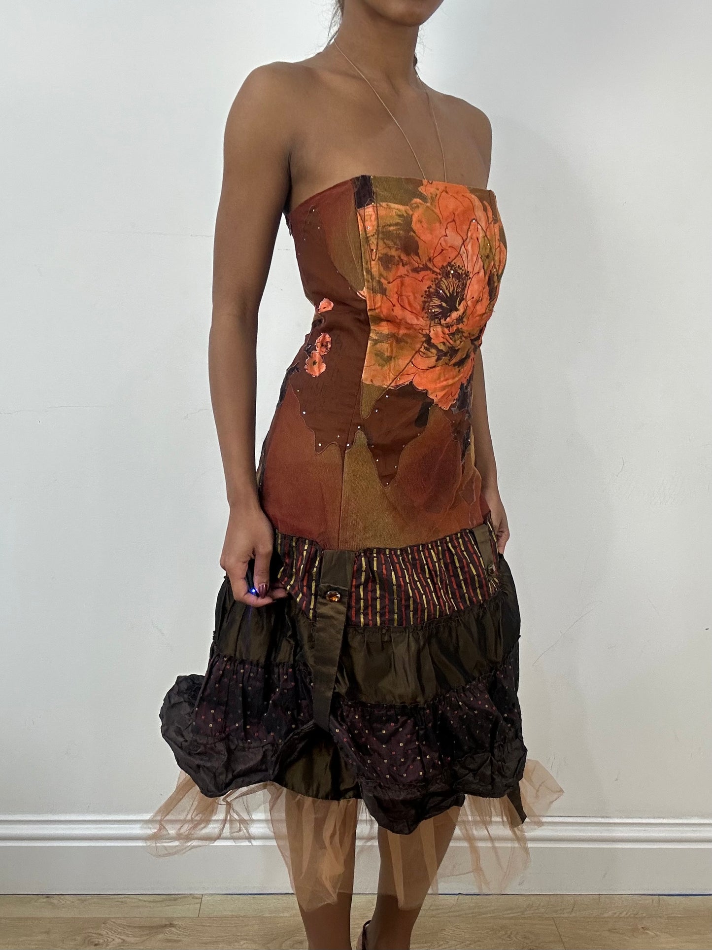 BEST PICKS | medium brown bandeau midi dress with floral print