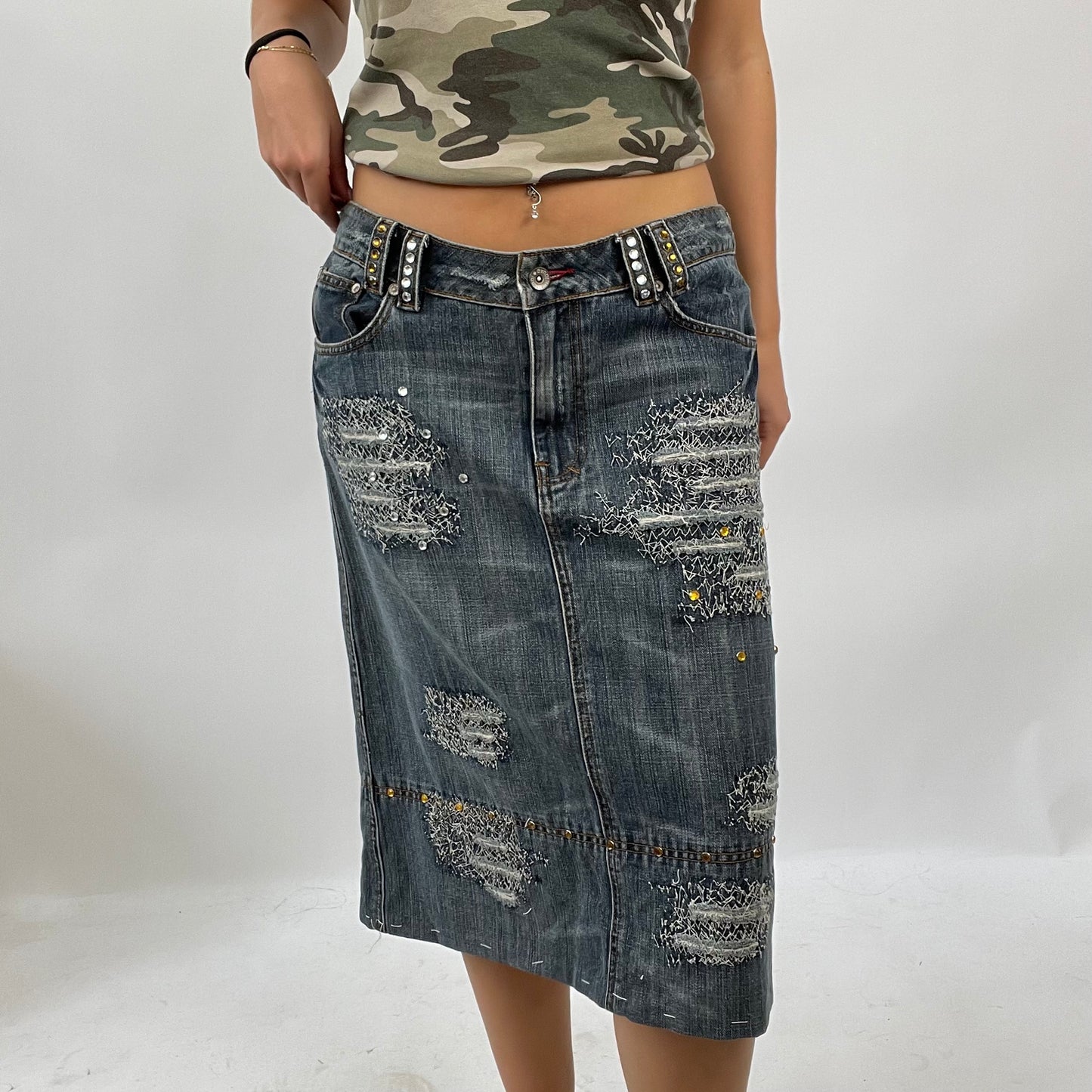 INSTA BADDIE DROP | small grey denim distressed skirt with diamanté detail