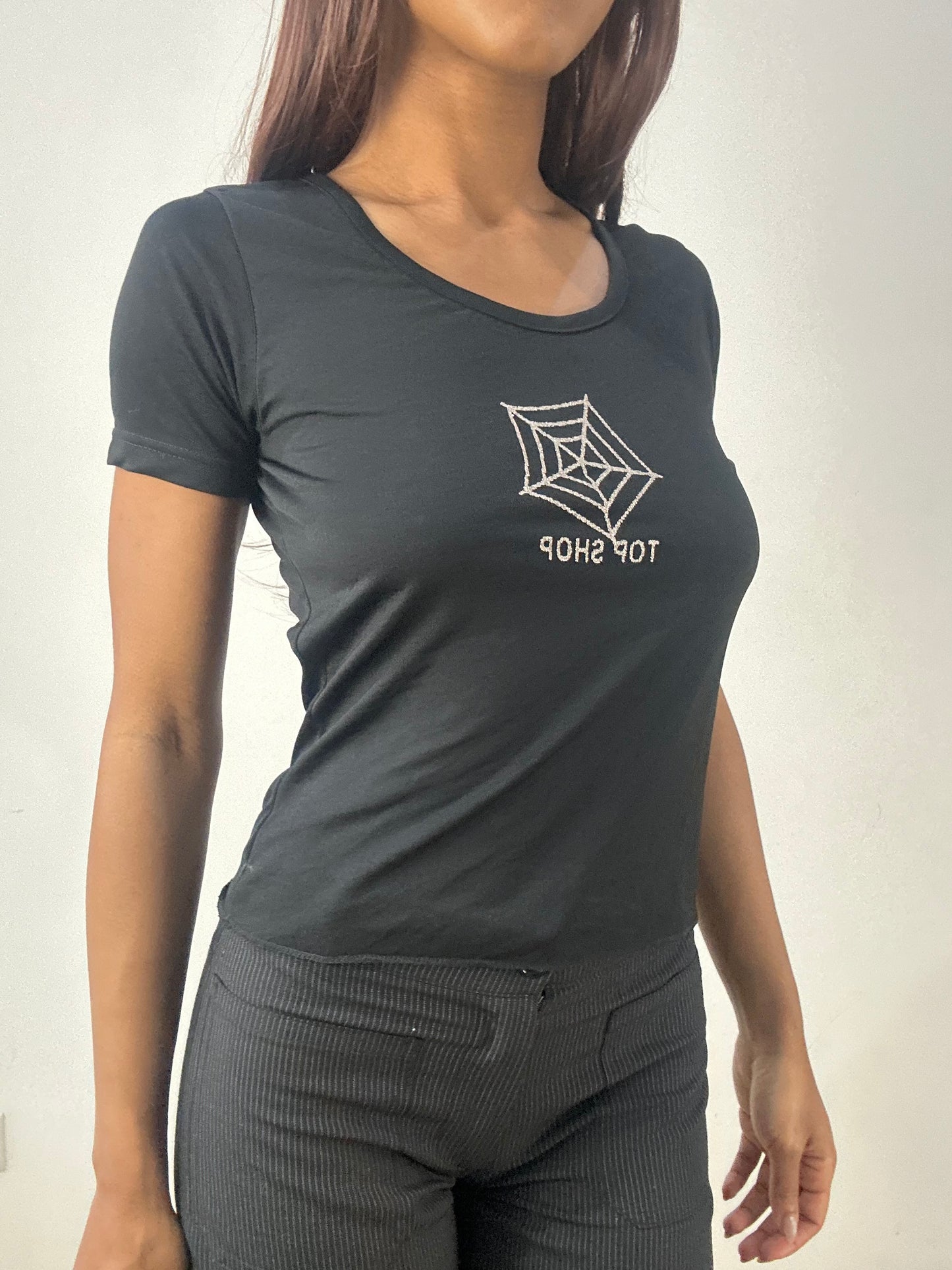 ‼️💻 small black topshop tshirt with silver glitter spiderweb graphic