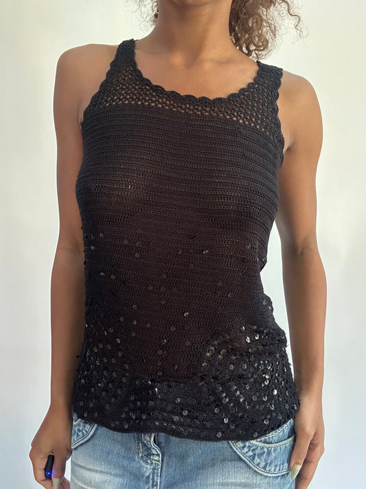 wag drop | small black crochet short sleeve top