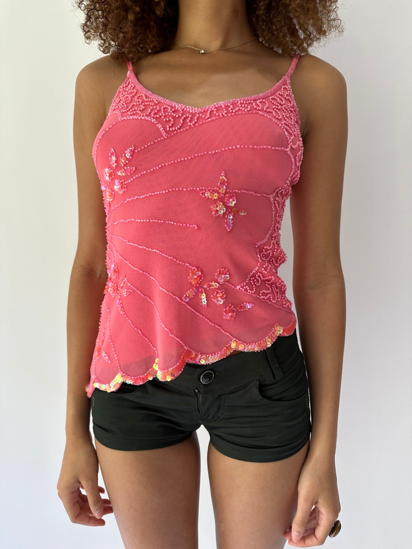 festival drop | small/medium pink asymmetric beaded cami top