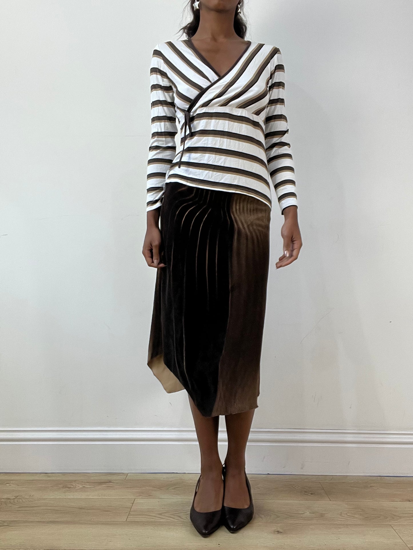 BEST PICKS | medium brown dual tone midi skirt with asymmetrical cut
