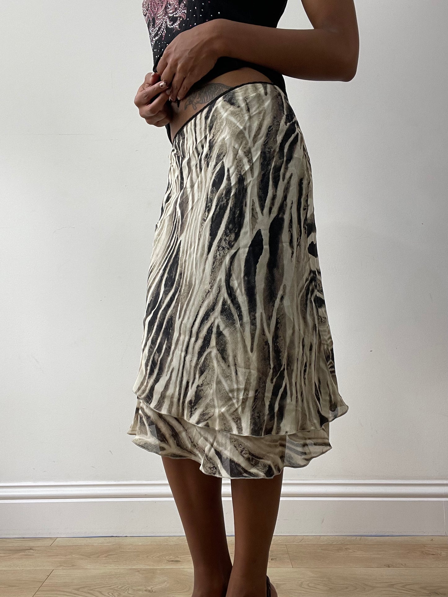 midsummer edit | small beige and black asymmetric midi skirt