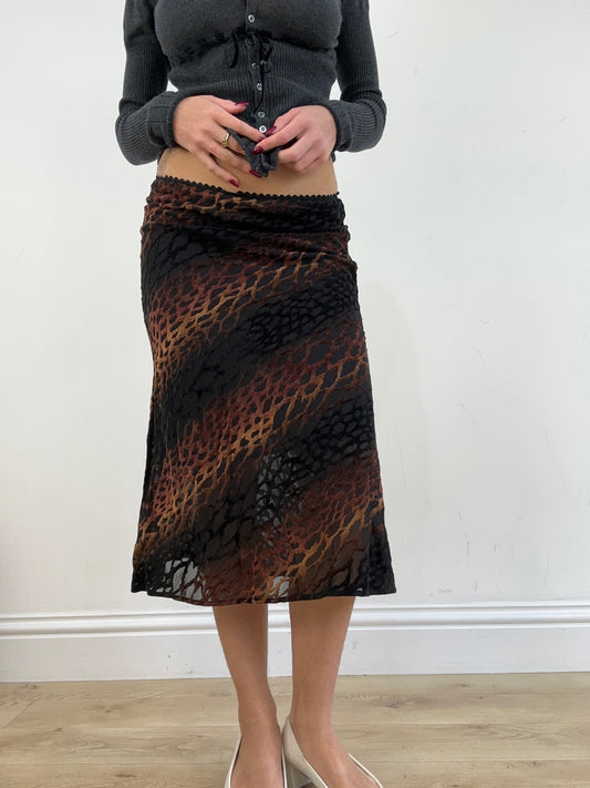 vintage edit thirteen | small black and brown animal print midi skirt
