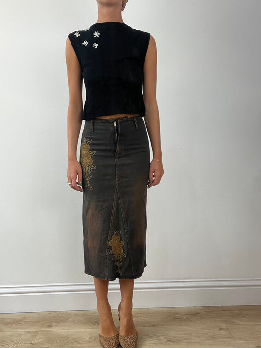 GIRLBAND DROP | extra small brown and black denim maxi skirt