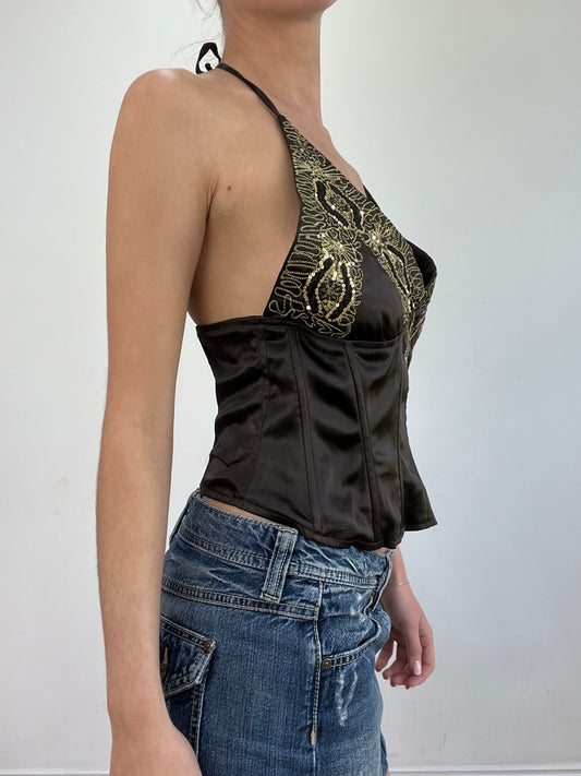 vintage edit twenty | medium brown and gold halterneck top
