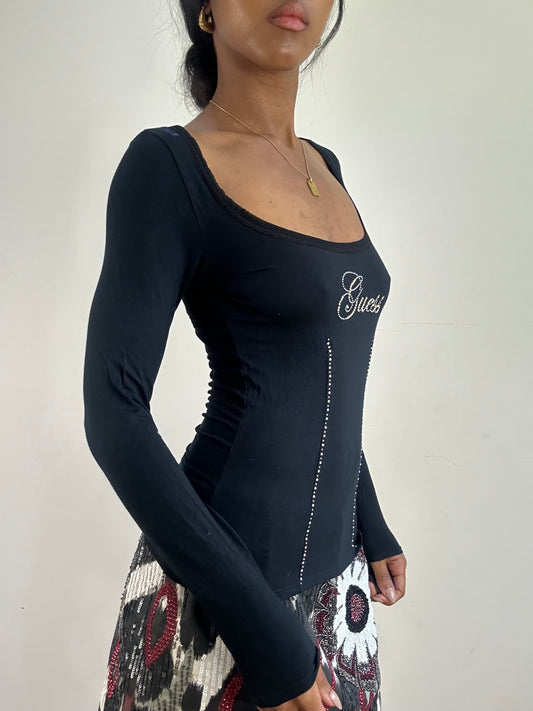 vintage edit twenty-one | small black guess long sleeve top with diamanté spellout