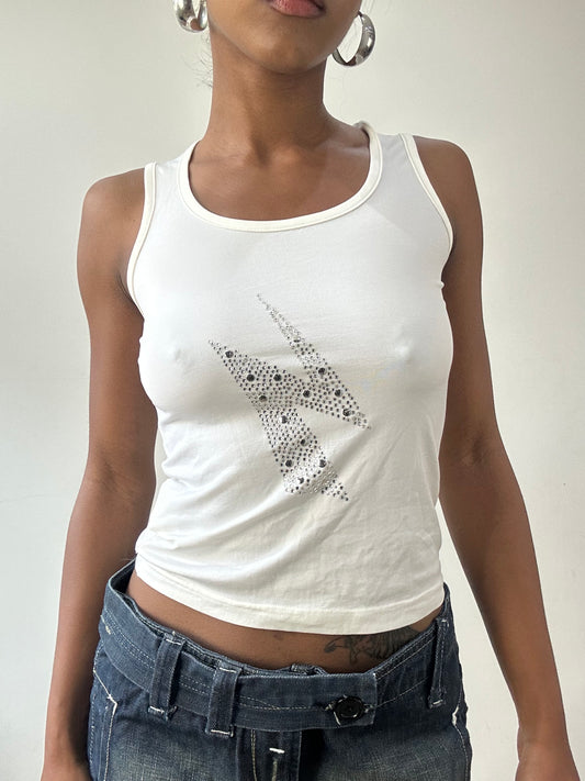 vintage edit thirty-one | small white tank top with rhinestone lightning bolt detail