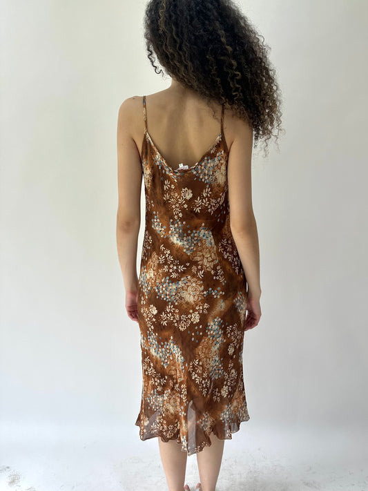 festival drop | medium brown and blue mesh overlay midi dress