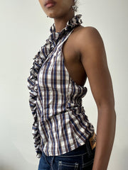 BEST PICKS | small blue and brown halterneck top with ruffle trim