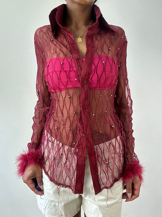 vintage edit twenty-one | medium red sheer feather button up top