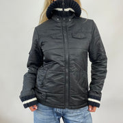 💻💚Top-Auswahl | kleine schwarze Pufferjacke mit gestricktem Rippkragen