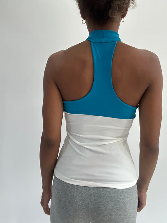 ‼️ | small white high neck top with blue panel detail