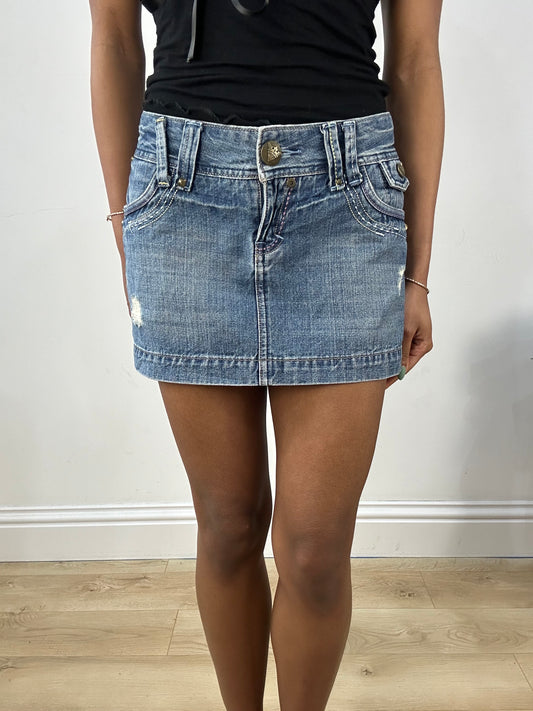 BEST PICKS | medium blue denim distressed mini skirt