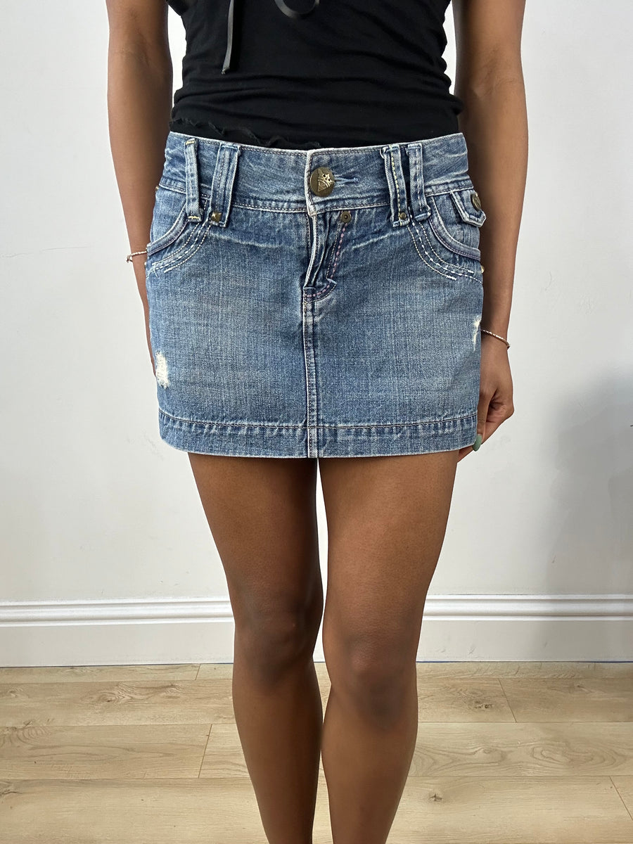 BEST PICKS | medium blue denim distressed mini skirt