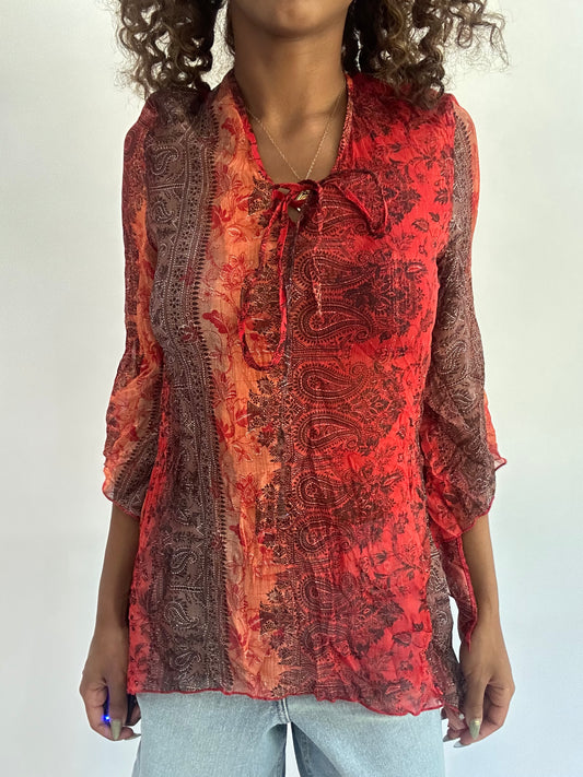 beach drop | small/medium red patterned sheer long sleeve top