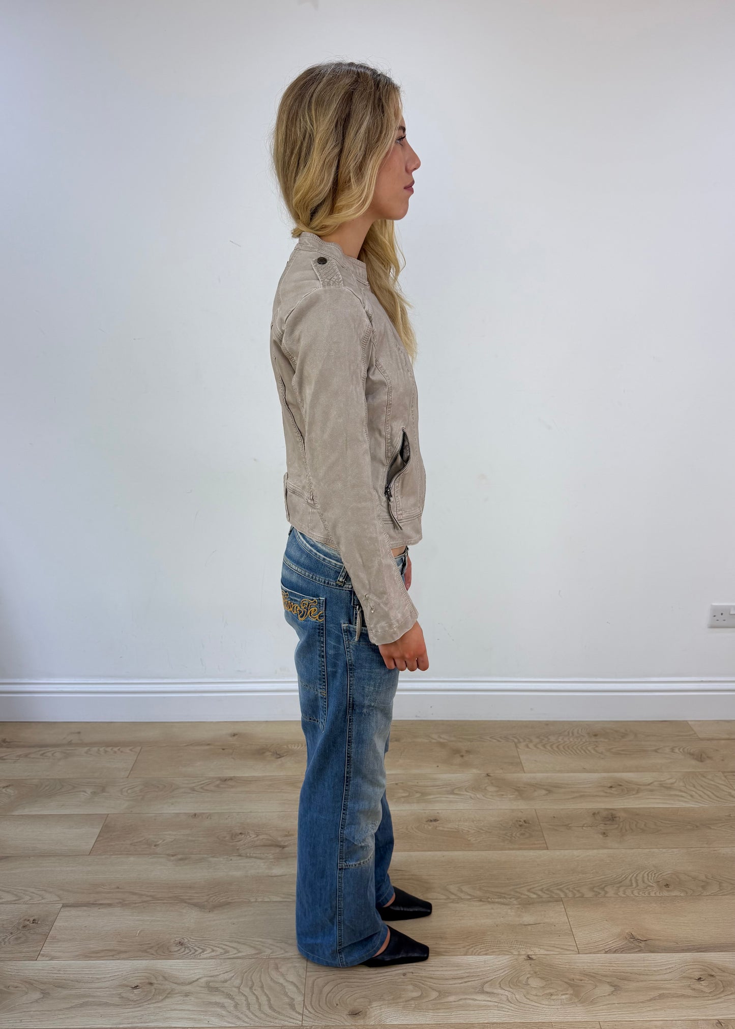 small taupe fitted leather-look jacket