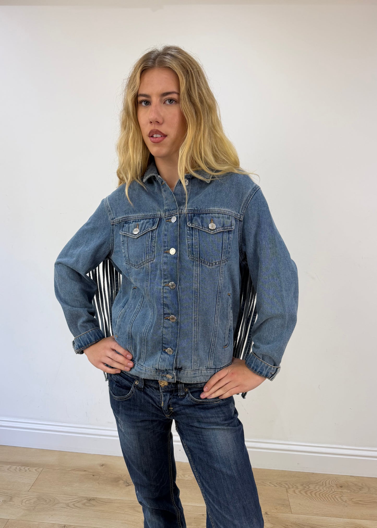 medium denim fringe jacket