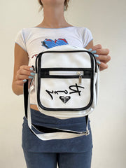 ‼️💻 white roxy side bag with black stitching