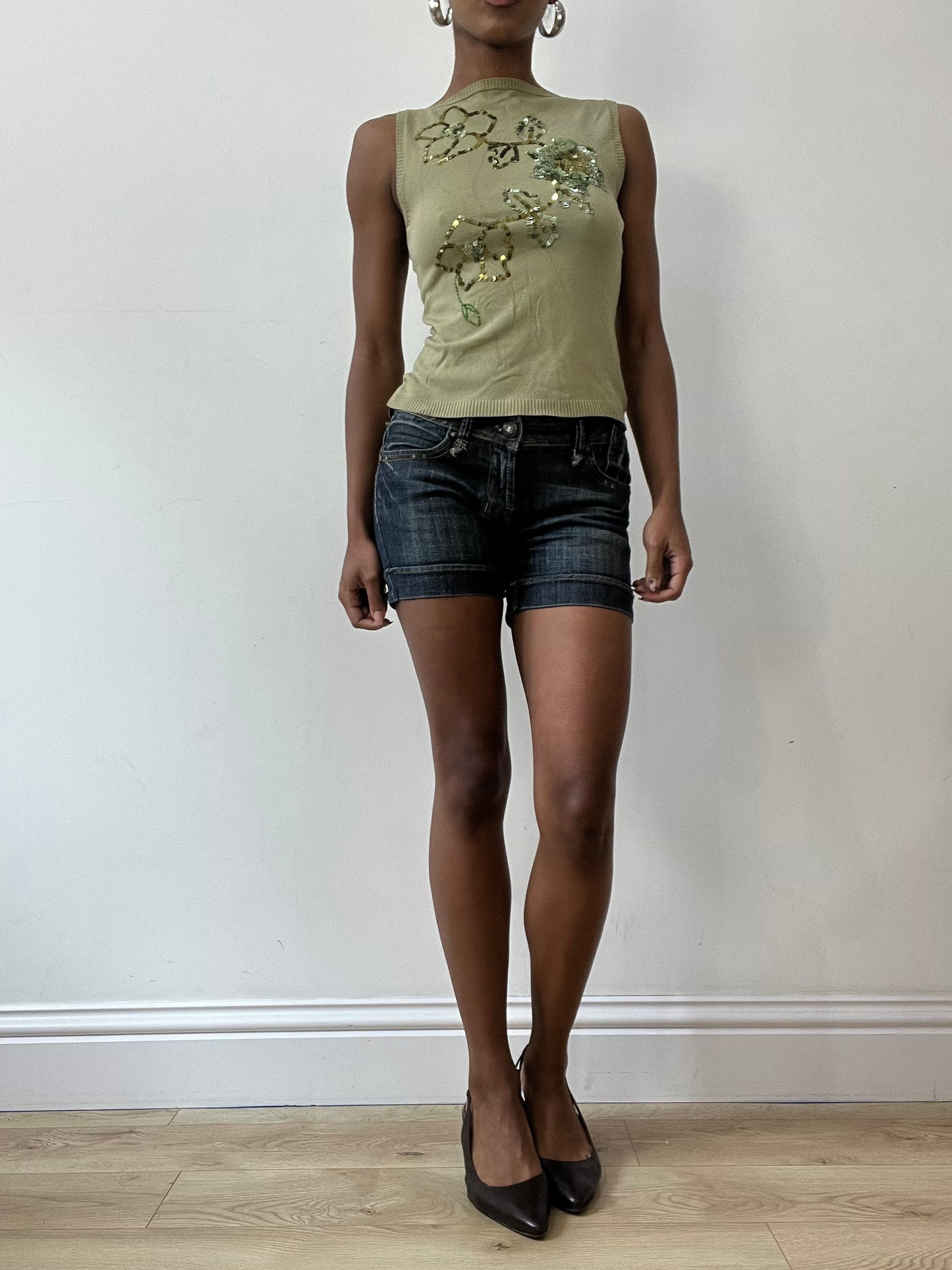 vintage edit thirty-one | extra small blue denim mini shorts with rhinestone button