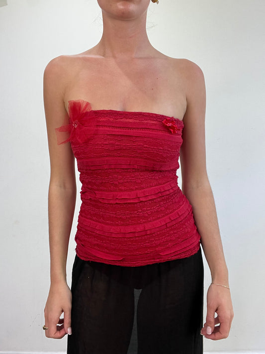 vintage edit: wedding guest | small red bandeau top with lace panel detail