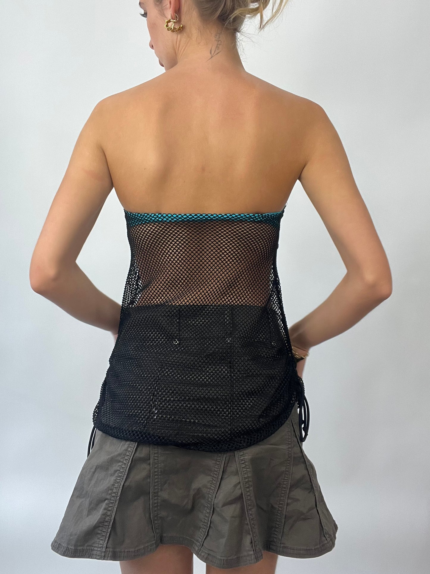 BRAT GIRL SUMMER DROP | small blue bandeau top with black mesh overlay