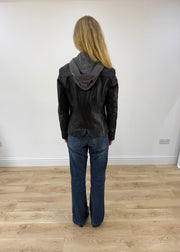 small black leather jacket with built in hoodie