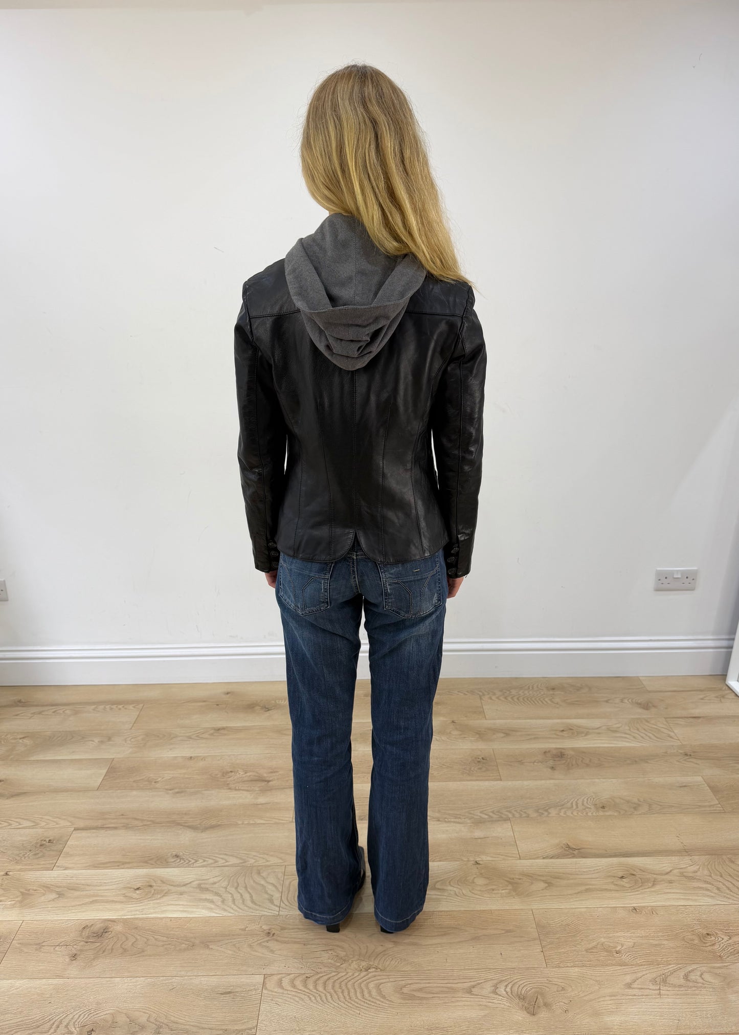 small black leather jacket with built in hoodie