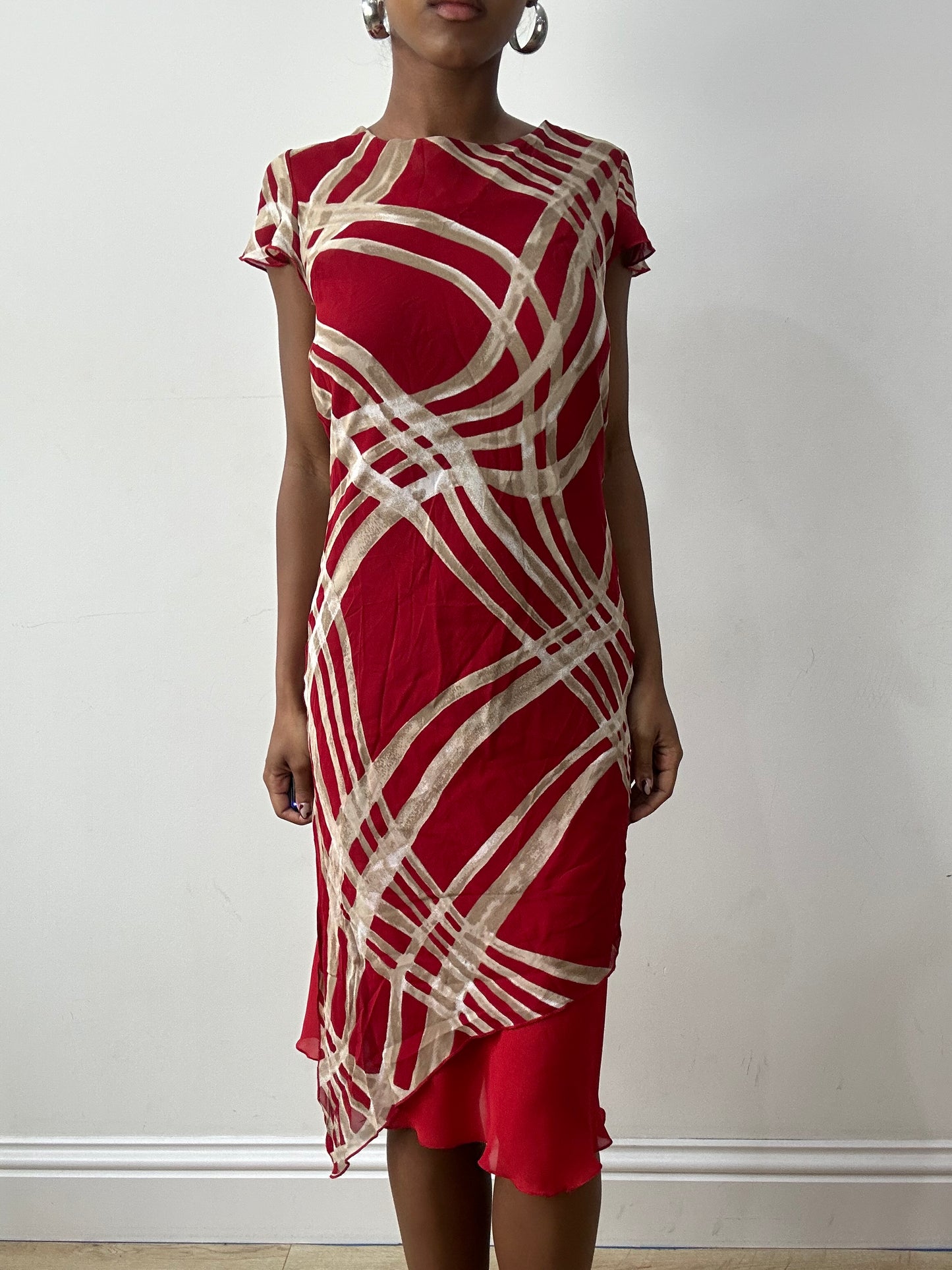 midsummer edit | small red midi dress with cream abstract print