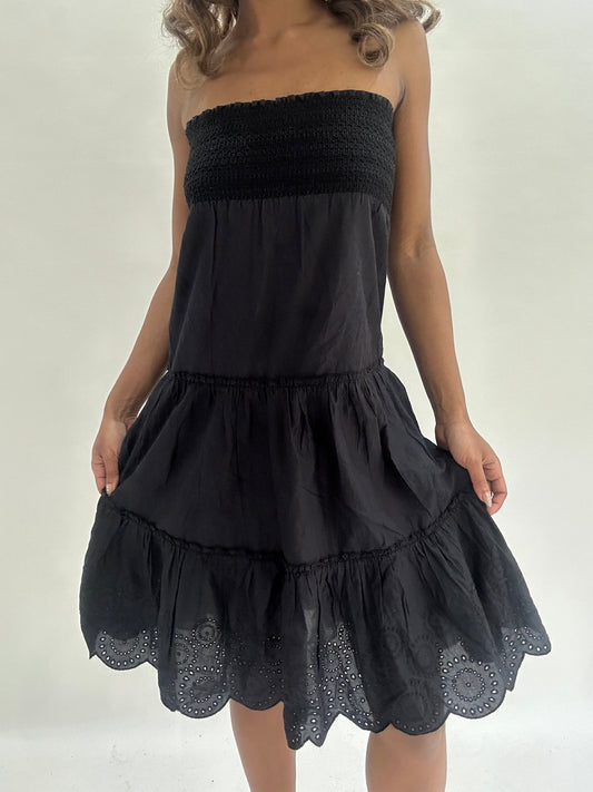 wedding guest drop | small black bandeau ruched midi dress