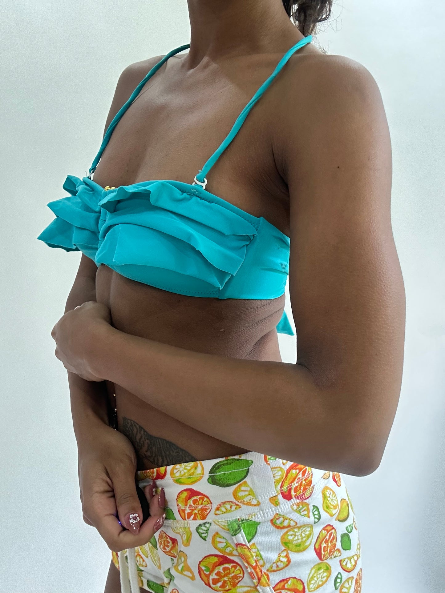 zara larsson drop | small/ blue ruffle bikini top