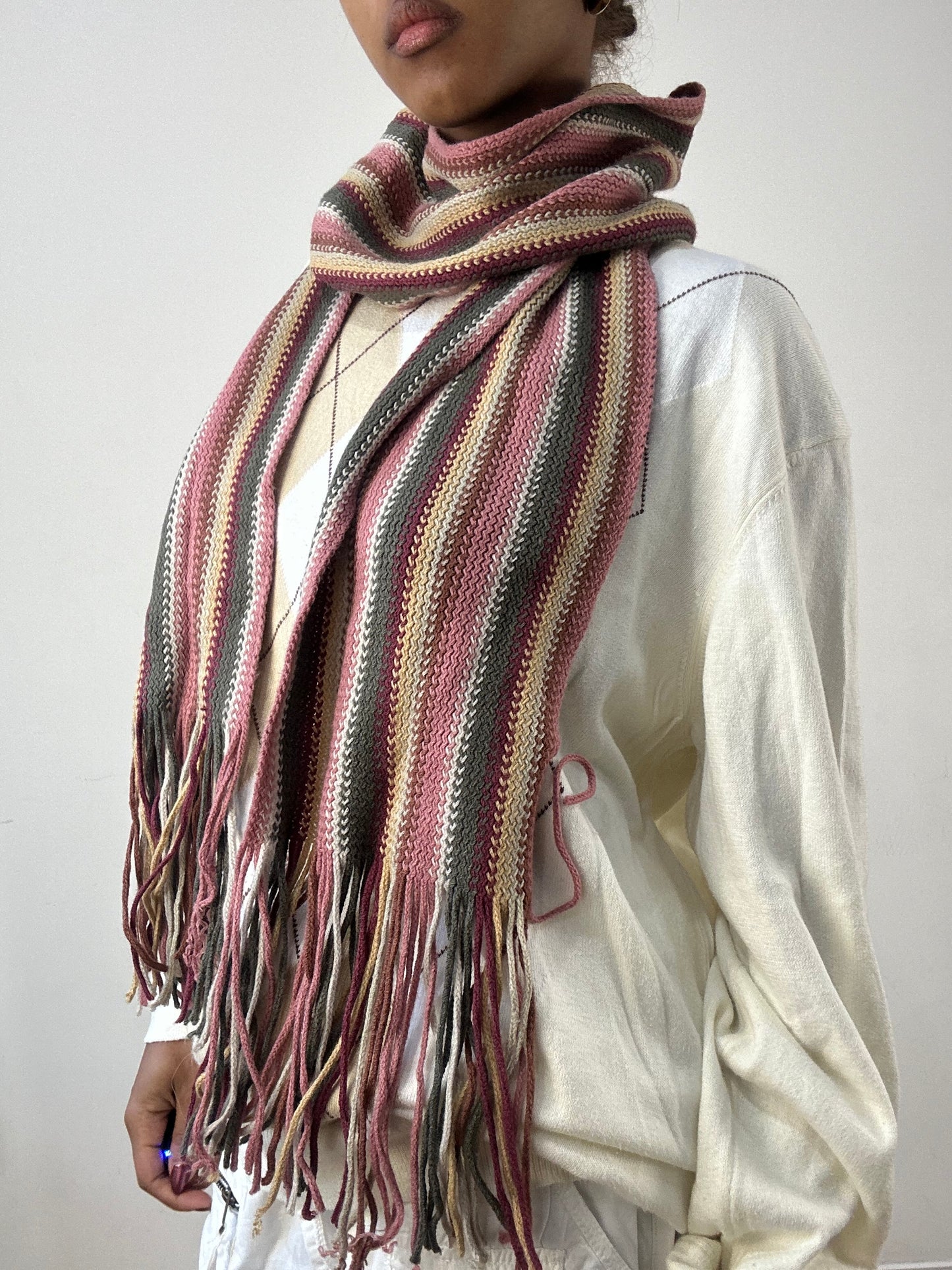 winter edit | pink and green striped knit tassel scarf