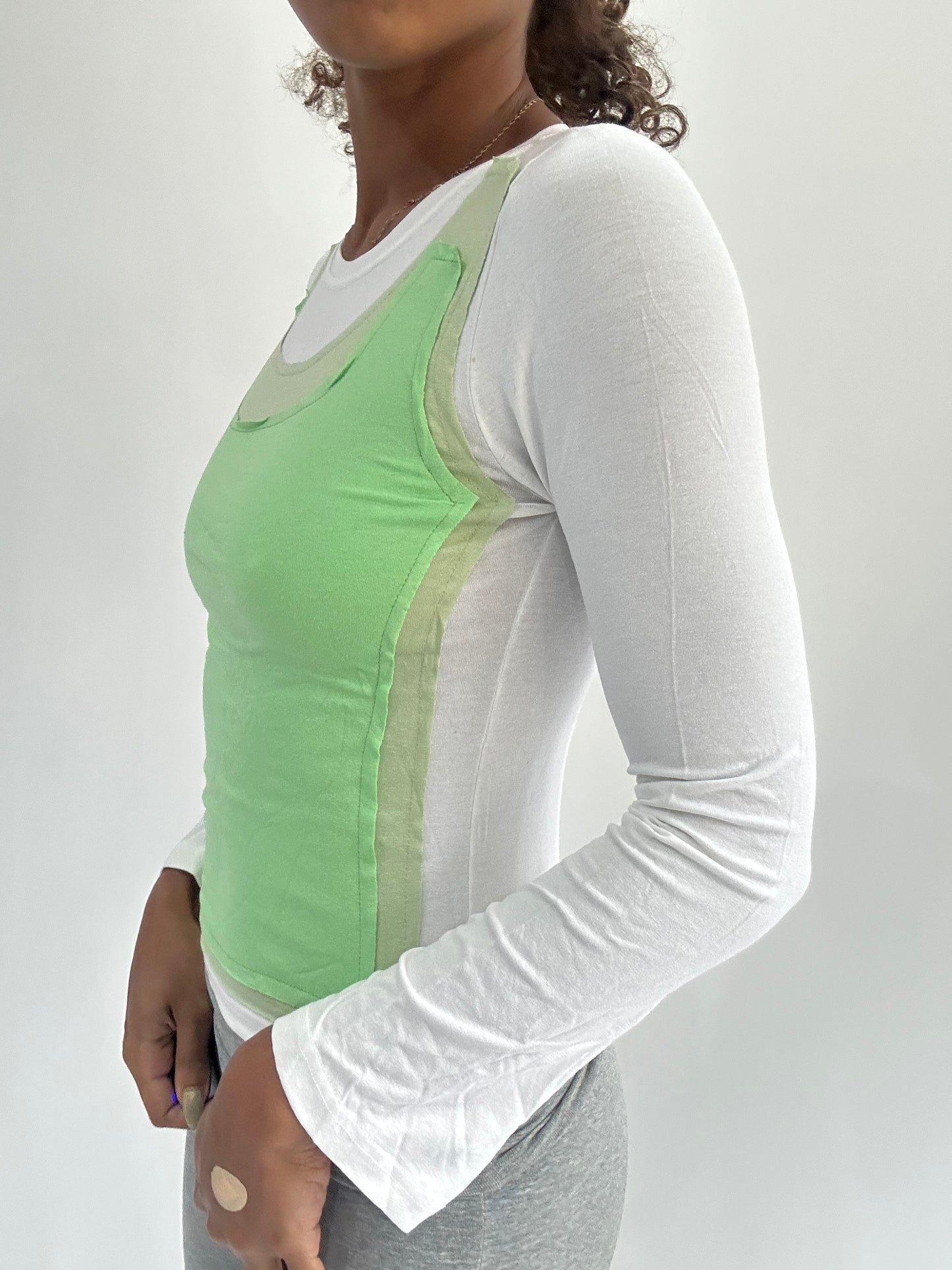 ‼️ | small white long sleeve top with green vest overlay detail