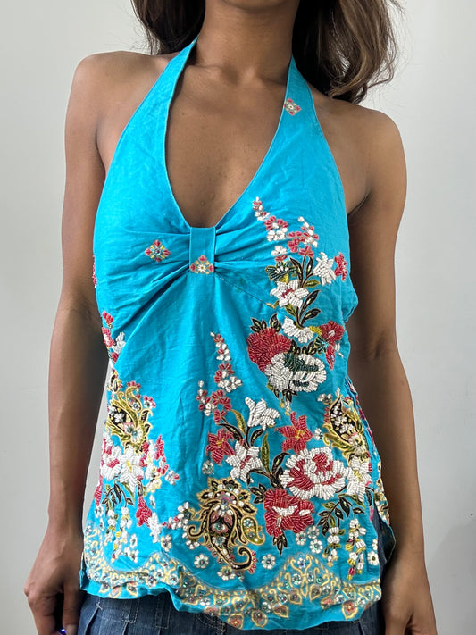 easter edit | small blue halterneck top with beading details