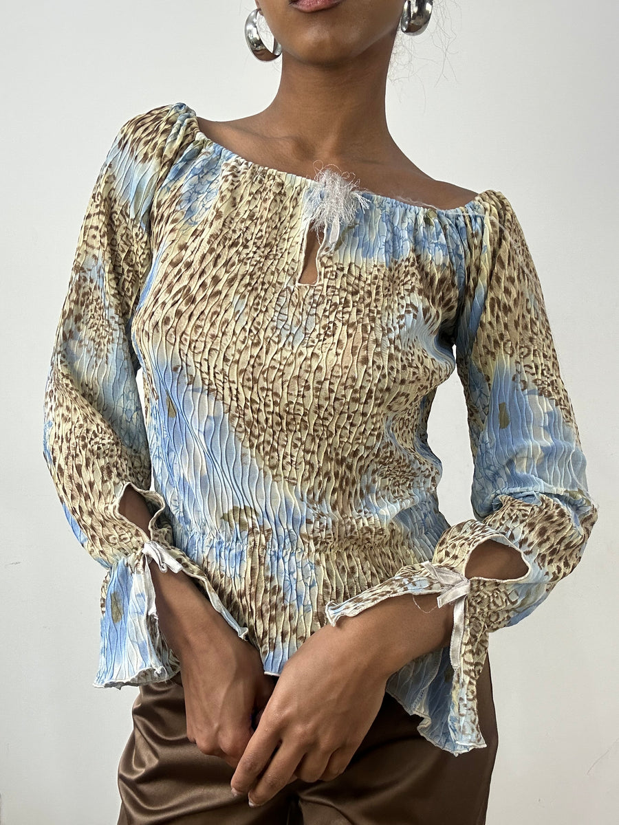 BEST PICKS | small blue shirred long sleeve top with leopard print pattern