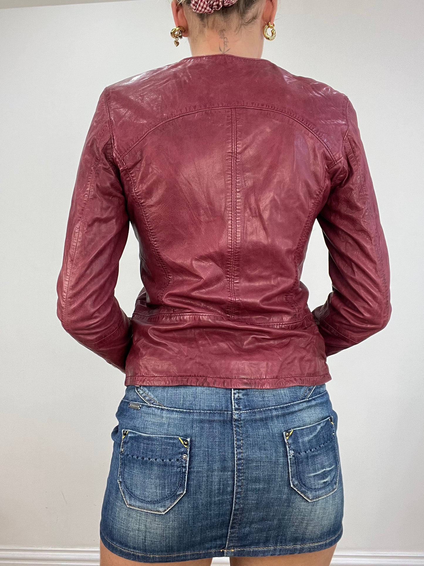 💚 BEST PICKS | small burgundy real leather zip up jacket