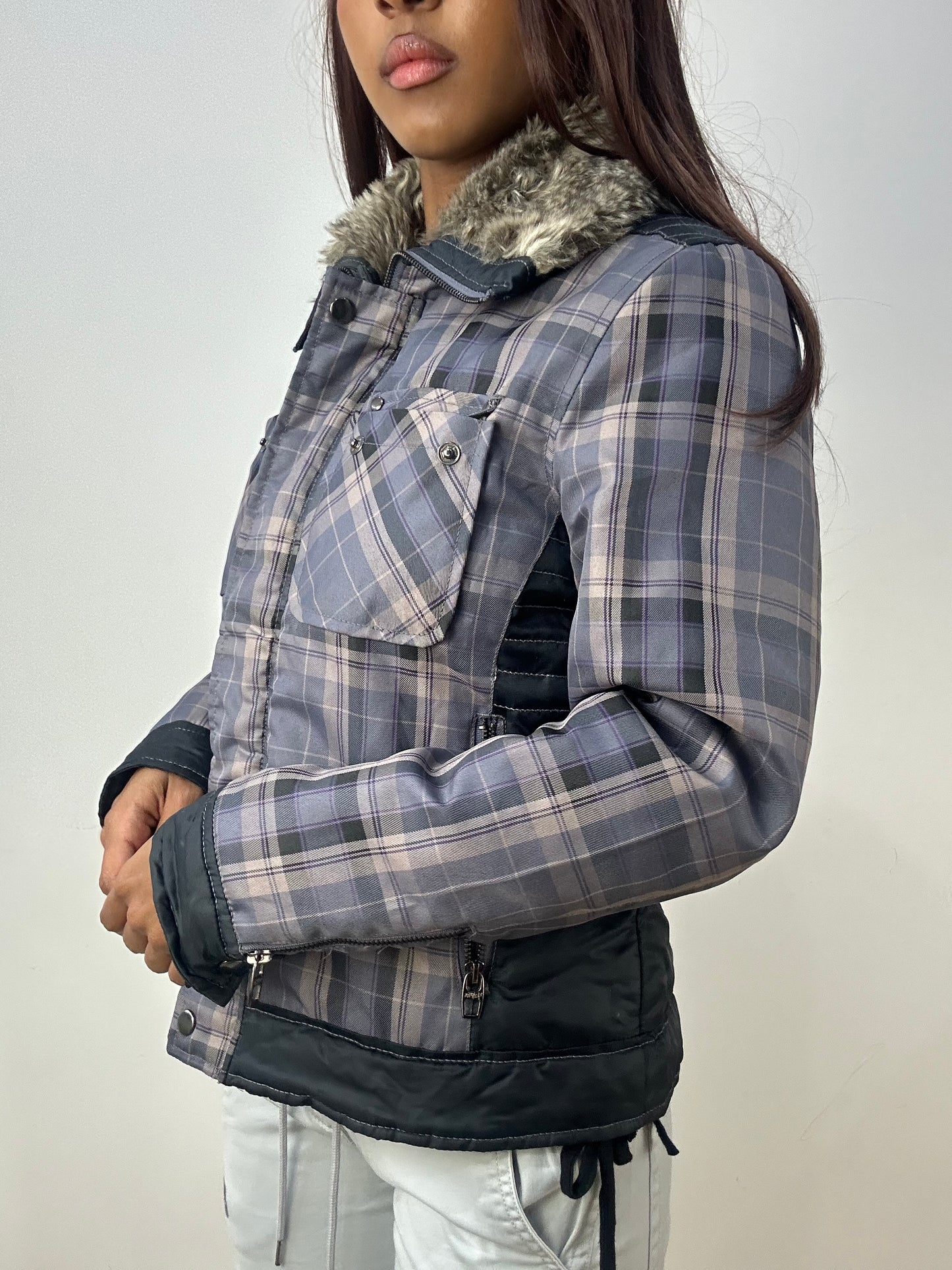 vintage edit thirty-three | small grey jacket with plaid print and faux fur collar