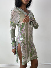 Vintage editar veinticinco | pequeño vestido de encubrimiento de malla verde con estampado floral y abalorios