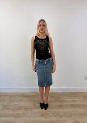 small medium blue embellished denim midi skirt full front