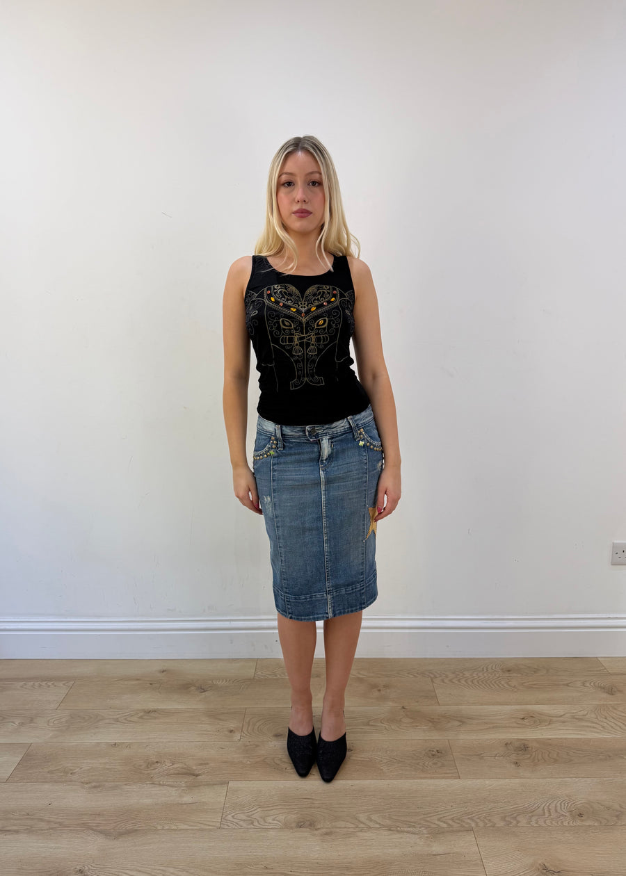 small medium blue embellished denim midi skirt full front