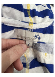 small white and blue La Martina stripy dress label