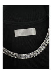 small black tank top with rhinestone neckline label